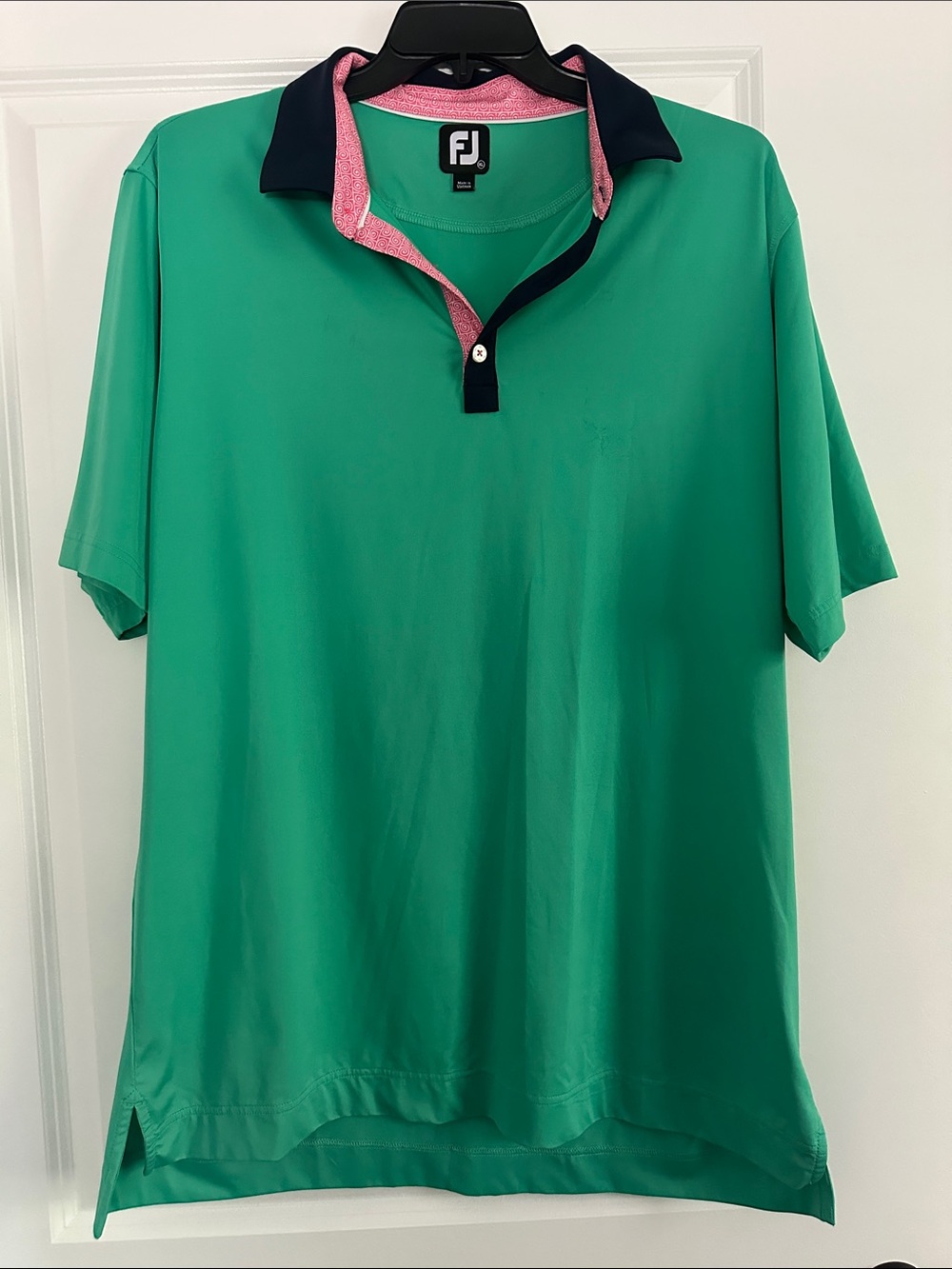 FootJoy Men’s Green Polo with Navy Collar and Pink Inner Trim